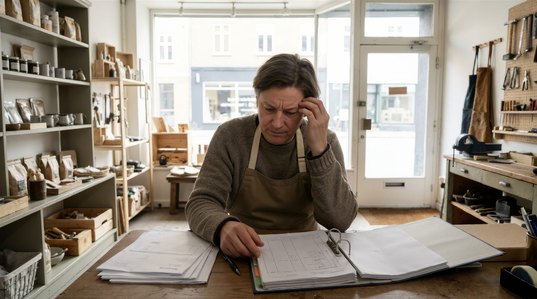 A shop owner at the counter, frowning over a binder of paperwork